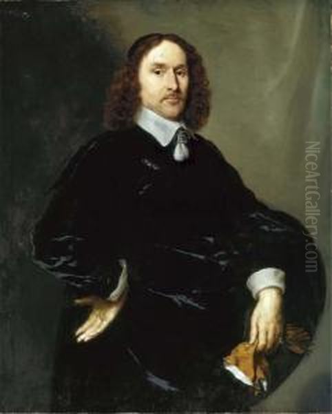 Portrait Of A Gentleman, Three-quarter-length, In A Blackdoublet Oil Painting by Cornelius Janssens Van Ceulen