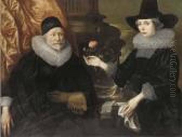 Double Portrait Of A Lady And 
Gentleman, Seated Three-quarter-length, Before A Partly-draped Column 
And A Ledge, She Offering Him A Rose In Her Right Hand Oil Painting by Cornelius Janssens Van Ceulen