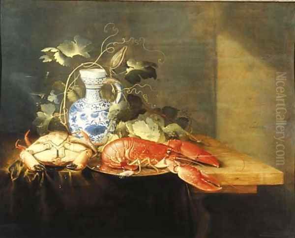 A lobster on a pewter plate, a crayfish, a vine decorating a Delft earthenware jug and a facon-de-Venise wine glass on a draped table Oil Painting by Laurens Craen