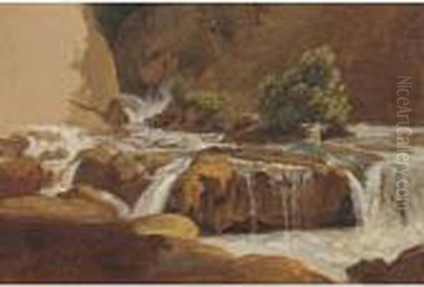 A Waterfall In A Rocky River Valley Oil Painting by Simon-Joseph-Alexandre-Clement Denis