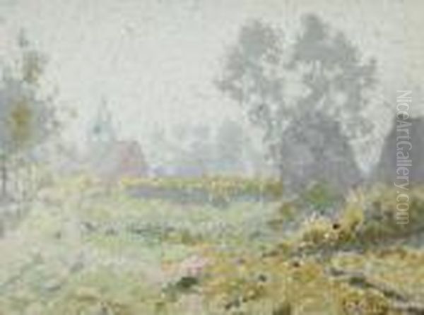 Zomerlandschap Met Kerk Enzonnebloemenveld Oil Painting by Adrien Josef Heymans