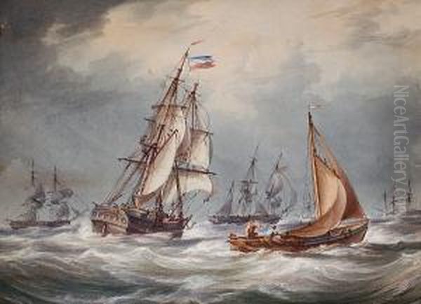 Reefing Down; A Merchantmen And Other Vessels On A Breezy Day Oil Painting by William Joy