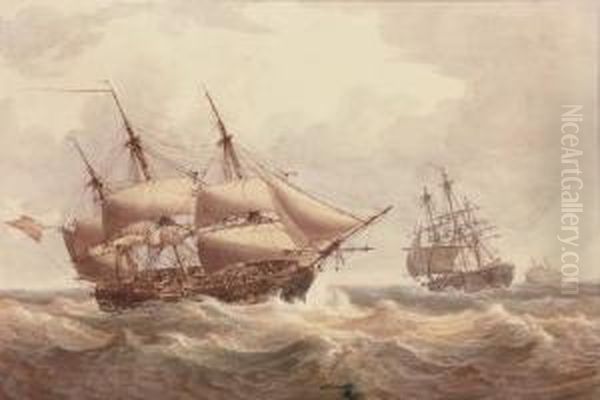 A Naval Squadron Reefed Down For
 The Impending Storm (illustrated); And A Brig Arriving At Her Anchorage Oil Painting by William Joy