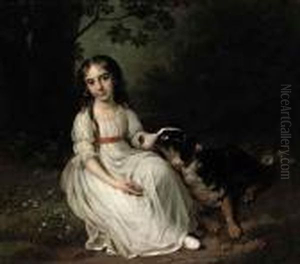 Portrait Of Frederikke Maria 
Sophia Brockdorff, Seated Full-length,in A White Dress, In A Park 
Landscape With Her Dog Beside Her Oil Painting by Jens Juel