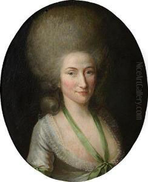 Portrait Of A Lady Half Length, 
Wearing A Blue Silk Dress With A Green Ribbon Round Her Neck Oil Painting by Jens Juel