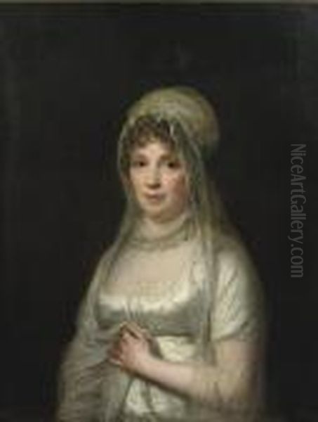 Portrait Of A Lady, Said To Be 
Lady Von Binzer, Half-length, In Awhite Dress And A White Headdress And 
Veil Oil Painting by Jens Juel