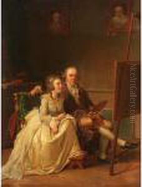Self Portrait Of The Artist And His Wife, Rosine Doschel, Both Seated At An Easel Oil Painting by Jens Juel
