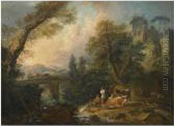 A Pastoral Landscape With 
Herders And Their Animals Resting Besidea River, A Bridge Beyond Oil Painting by Nicolas-Jacques Juliard