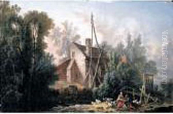 A Pastoral Landscape With A 
Shepherd And A Shepherdess In The Foreground And A Farmhouse By A Stream
 In The Distance Oil Painting by Nicolas-Jacques Juliard