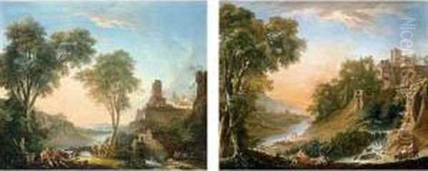 Figures Resting On The Banks Of A
 River, A Bridge In The Distance; Figures Resting On The Banks Of A 
River, A Waterfall In The Foreground Oil Painting by Nicolas-Jacques Juliard