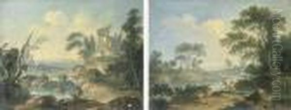 Couple De Pecheurs Devant Le 
Temple De Sybille Et Couple De Pecheurs Devant Un Cours D'eau Oil Painting by Nicolas-Jacques Juliard