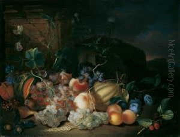 Fruchtestilleben. Signiert Und 
Datiert Oben Links: Juncker F. 1763. Ol Auf Leinwand. H 51; B 68 Cm. 
Provenienz: Galerie F.a.c. Prestel, Frankfurt/main. Juncker Schuf 
Stilleben, Die Sich An Den Werken J.d. De Heems Und J. Van Huysums 
Orientierten.  Oil Painting by Justus Juncker