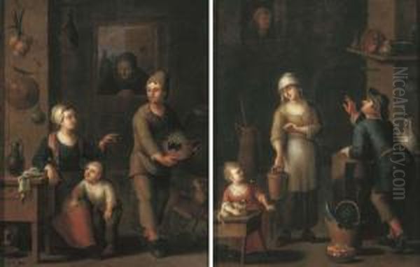 A Kitchen Interior With A Maid 
And A Child Conversing With A Man Carrying A Basket Of Grapes; And A 
Kitchen Interior With A Maid And A Man Conversing And A Child Playing 
With A Cat Oil Painting by Justus Juncker