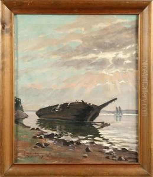Kustvy Med Skeppsvrak Vid Alands Kust Oil Painting by Erik Juselius