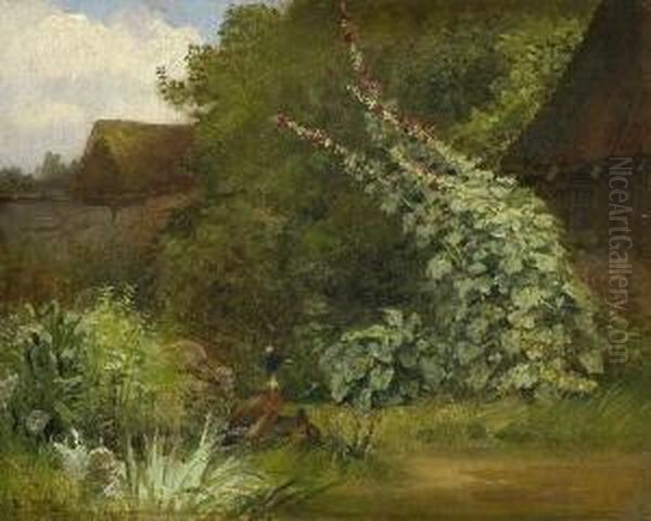 Entenpaar Unter
 Stockrosen. Oil Painting by Carl Jutz