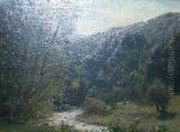 Berglandschaft Mit Bachlauf. Im 
Vordergrund Bauerin. Unten Links Signiert Und Datiert C. Jutz 03 Oil Painting by Carl Jutz