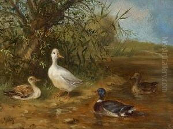 Enten Am Ufer Eines
 Teiches. Oil Painting by Carl Jutz