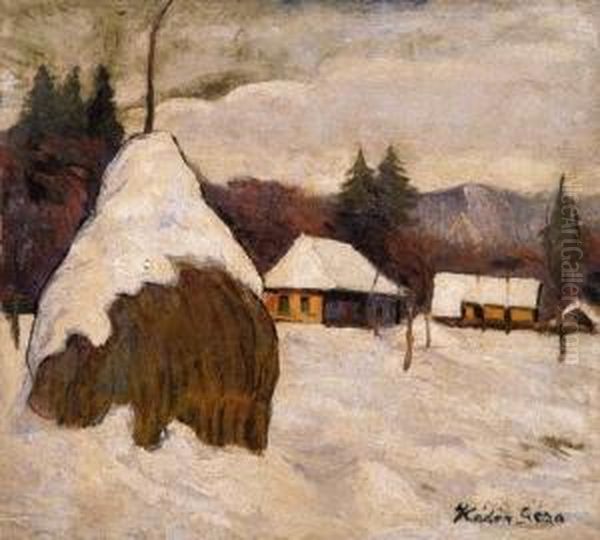 Snow - Covered Landscape In Nagybanya Oil Painting by Geza Kadar