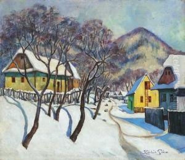 Nagybanya Scene In Winter Oil Painting by Geza Kadar