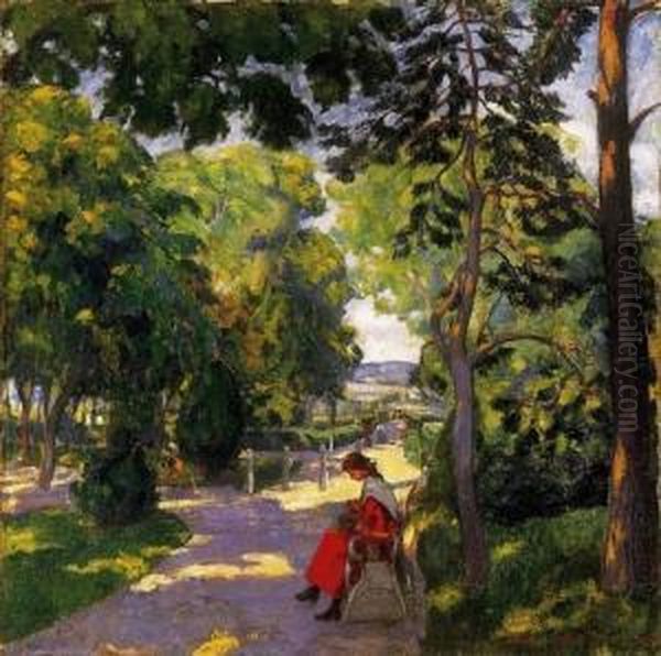 Girl In Red Dress In The Park Oil Painting by Geza Kadar