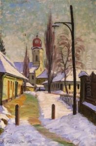 Winter Street With A Church Oil Painting by Geza Kadar