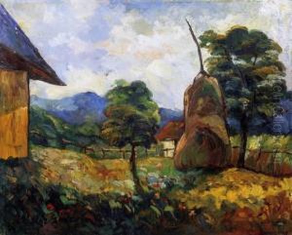 Courtyard In Nagybanya With Haystacks Oil Painting by Geza Kadar