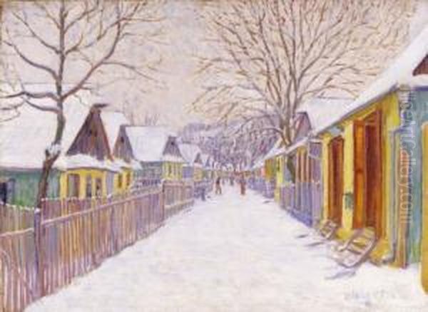 Winter Street In Nagybanya Oil Painting by Geza Kadar