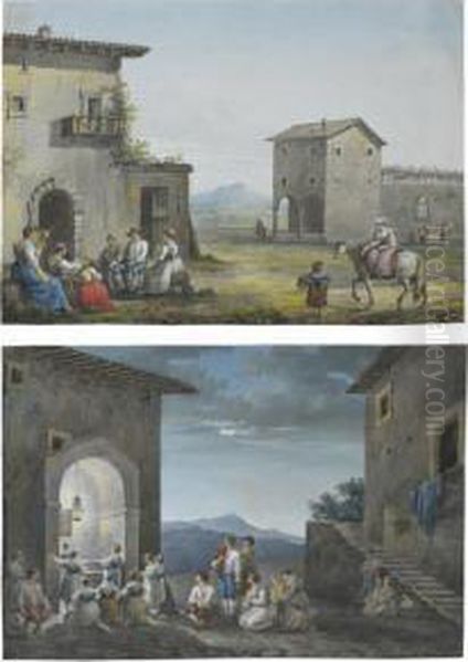 A) A Scene In The Roman 
Campagna: A Family Seated Outside A House, A Woman On A Donkey To The 
Right Oil Painting by Franz Keiserman