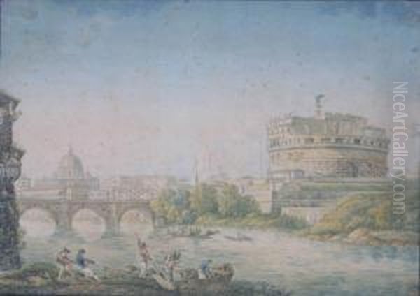 Veduta Del Tevere Con Pescatori Sullo Sfondo Di Castel San Angelo E San Pietro. Oil Painting by Franz Keiserman