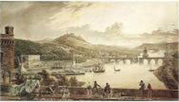 A Capriccio View Of A River With
 A Splendid Harbour Formed From A Half Submerged Amphitheatre, With The 
Sea Beyond And A Viaduct And Temples On The The Hills Above Oil Painting by Franz Keiserman