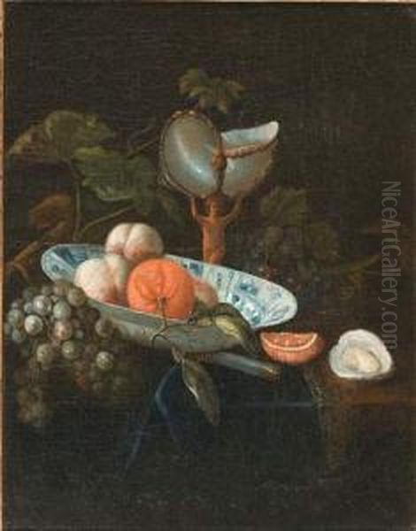 Nature-morte Au Nautile Sur Un 
Entablement Garni De Tissu Bleu,avec Plat De Fruits, Grappe De Raisins 
Et Huitre Oil Painting by Willem Kalf
