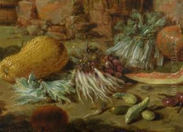 Bauernpaar Am Brunnen
 Mit Gemusestilleben Oil Painting by Willem Kalf