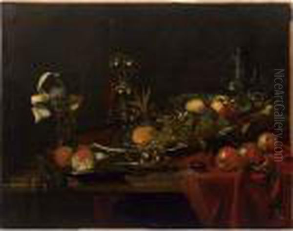 A Sumptuous Still Life Of Peaches On A 
Kraak
 Porcelain Dish,apples, A Mandarin On A Silver Dish And Three Apricots On A 
Puntschotel,
 With A Roemer, A Silver Gilt Goblet And An Earthenware Jug, All On A Marble Table, Draped With A Red Cloth Oil Painting by Willem Kalf