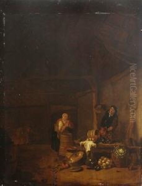 Bauerliches Interieur Mit Einer
 Frau Am Butterfass Oil Painting by Willem Kalf