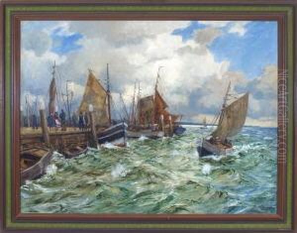 Heimkehrende Fischer An Der 
Kaimauer Mit Zahlreichen Wartenden Personen Bei Aufziehendem Gewitter Oil Painting by Friedrich Kallmorgen