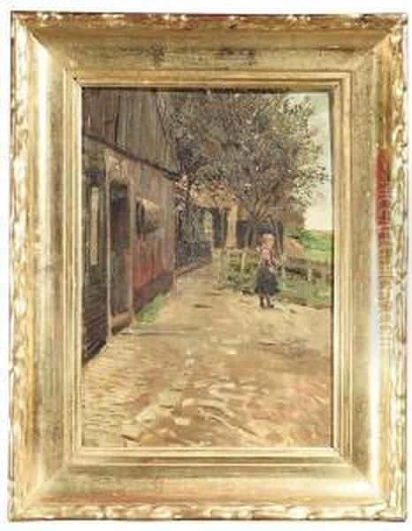 Young Countrywoman In The 
Courtyard Behind A Homestead. Oil/canvas/cardboard, Verso Inscribed And 
Dated Oil Painting by Friedrich Kallmorgen