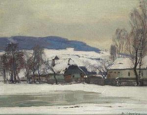 A Winter Landscape With Rural Houses Oil Painting by Alois Kalvoda