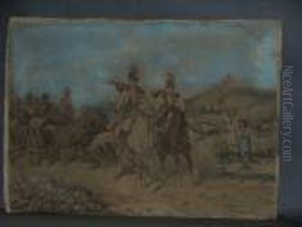 The Farewell, With Figures On 
Horseback In Traditional Dress And Horse And Cart With Musicians Oil Painting by Anton Kaminski