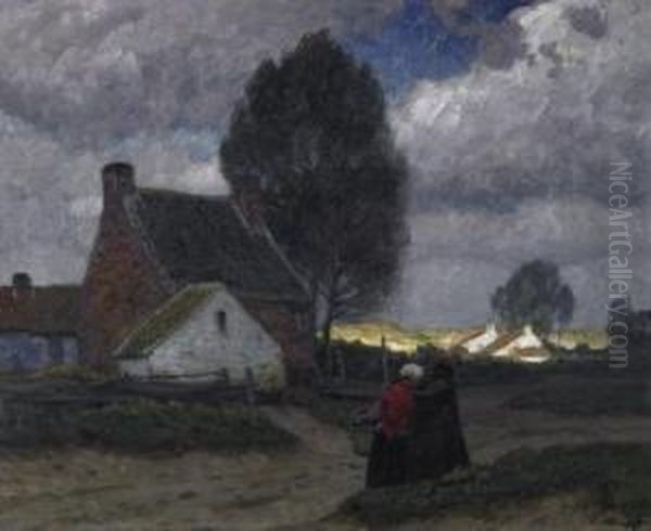 Two Ladies On The Village Street
 In A Flemish Village. Tempest Mood. Signed Bottom Right: E. Kampf Oil Painting by Eugen Kampf