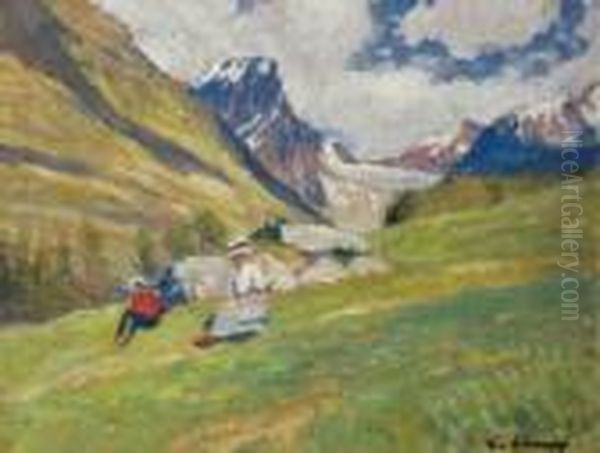 Landschaft Im Unterengadin Mit
 Rastenden Wanderern. Oil Painting by Eugen Kampf