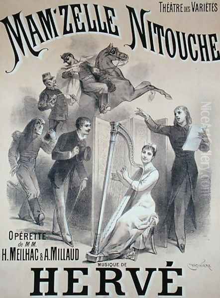 Poster advertising the production of 'Mam'zelle Nitouche', an operetta written by Meilhac and Millaud with music by Herve (1826-92), at the Theatre des Varietes, Paris, 1883 Oil Painting by Antonin Marie Chatiniere