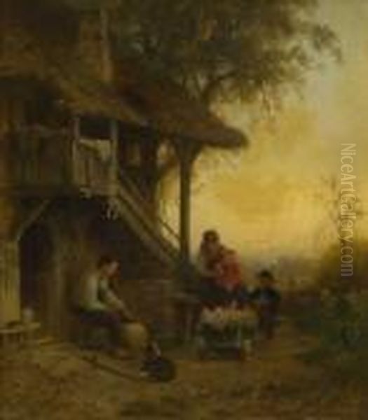 Bauernfamilie Vor Dem
 Haus. Oil Painting by Albert Kappis