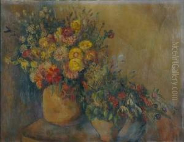 Wildflower Bouquets In Earthenware Vases Oil Painting by Bernard Karfiol