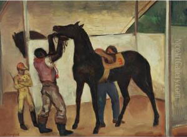 Saddling Racehorse - Havana Oil Painting by Bernard Karfiol