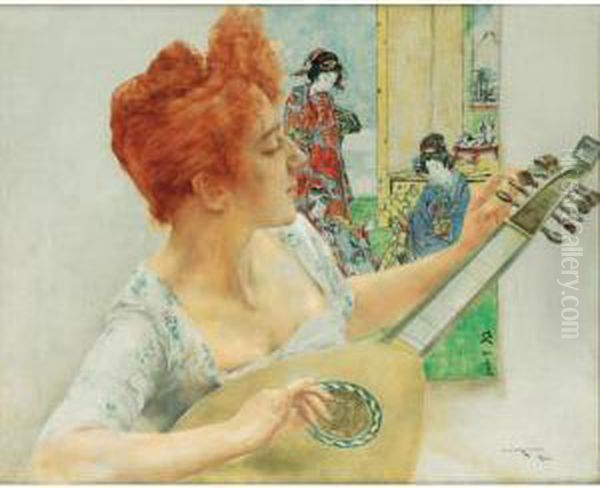 Joueuse De Mandoline A L'estampe
 Japonaise [, Mandolin Player With Japanese Print; Oil On Canvas, Signed
 And Located Paris.] Oil Painting by Bertalan Karlovszky