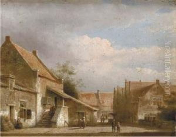 Figures In A Dutch Village Street Oil Painting by Kasparus Karsen