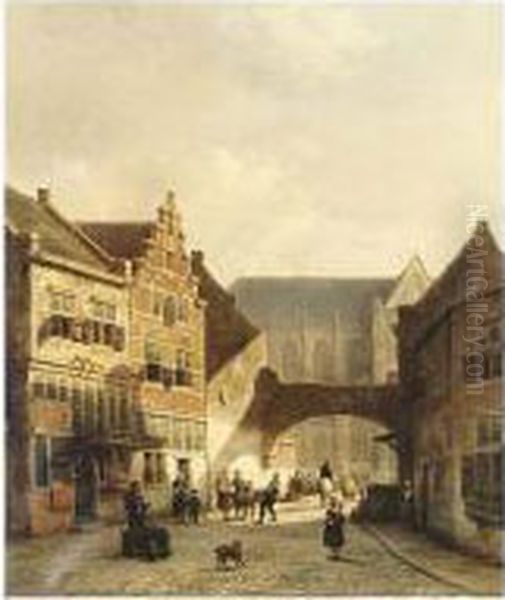 Villagers In A Dutch Town Oil Painting by Kasparus Karsen