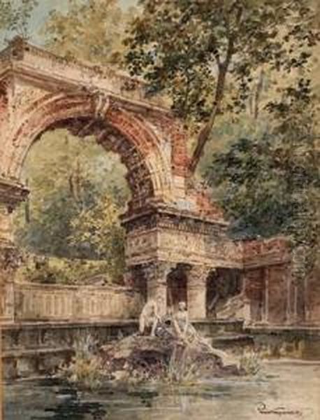 Romische Ruine Und Schoner Brunnen Imschlosspark Von Schonbrunn Oil Painting by Paul Kaspar