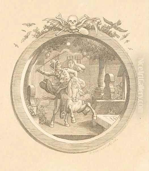 Wilhelm and Leonore galloping through a graveyard, an illustration to Butrger's Leonore, in a trompe l'oeil frame surmounted by macabre symbols Oil Painting by Daniel Nikolaus Chodowiecki