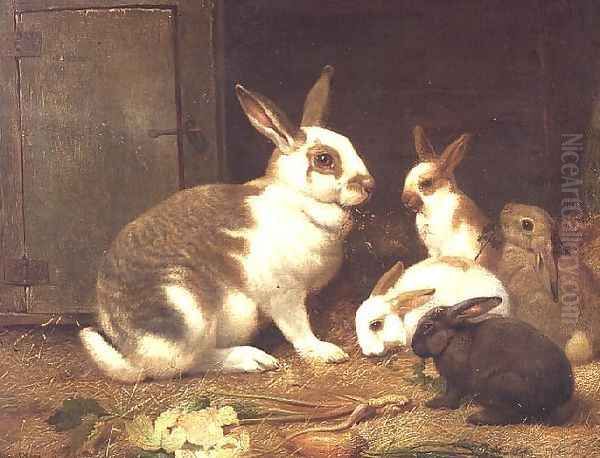Rabbits feeding, 1884 Oil Painting by Henry William Carter